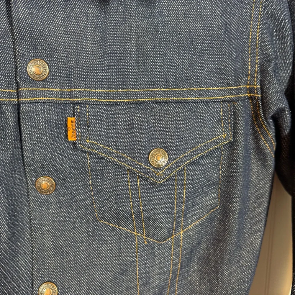 RARE VINTAGE Levis Big‎ E Orange Tab Denim Jean Jacket Dark Indigo Trucker 12 XS
